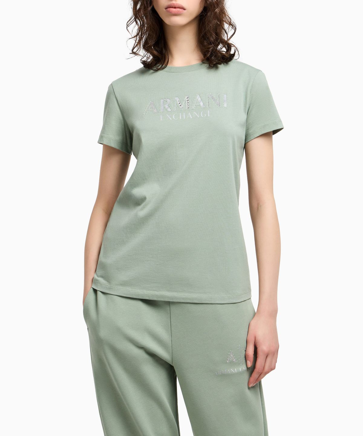 아르마니 익스체인지(ARMANI EXCHANGE) 여성 데코 로고 숏 슬리브 티셔츠 _그린_A425130511