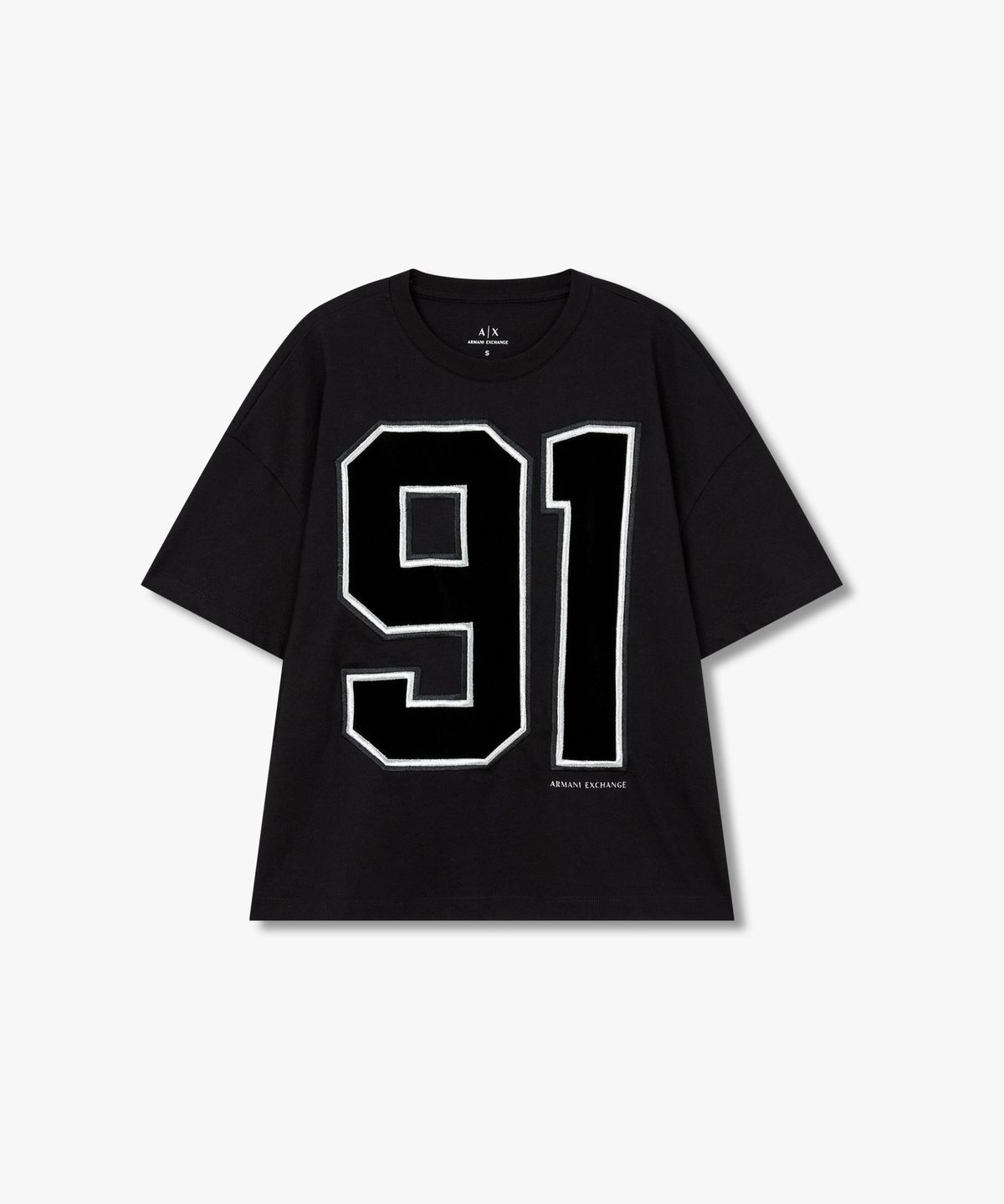 아르마니 익스체인지(ARMANI EXCHANGE) 여성 벨루어 넘버 숏 슬리브 티셔츠 _블랙_A425330501
