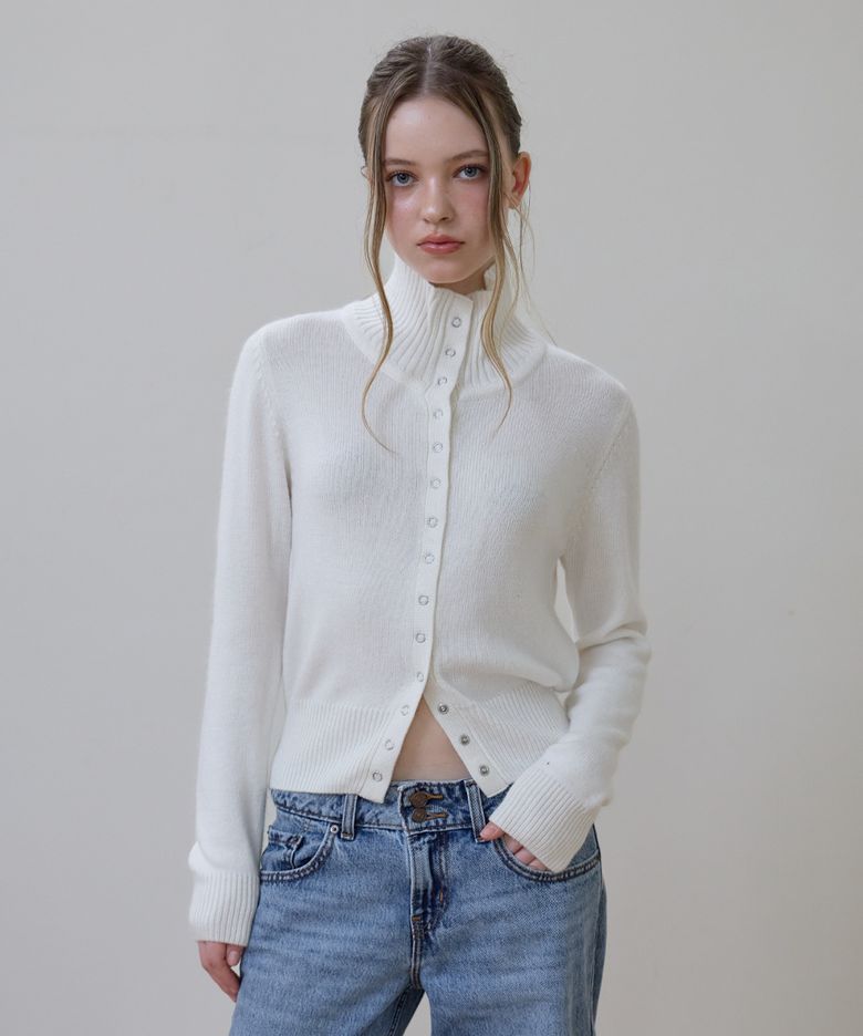 High Neck Eyelet Wool Cardigan [Ivory]