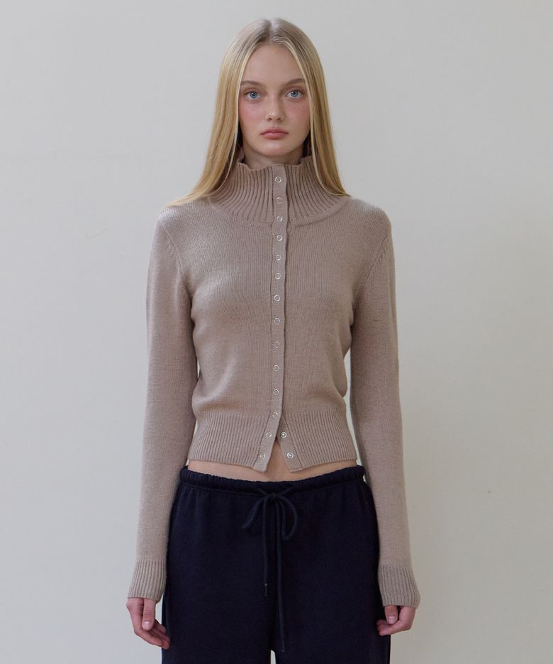 High Neck Eyelet Wool Cardigan [Beige]
