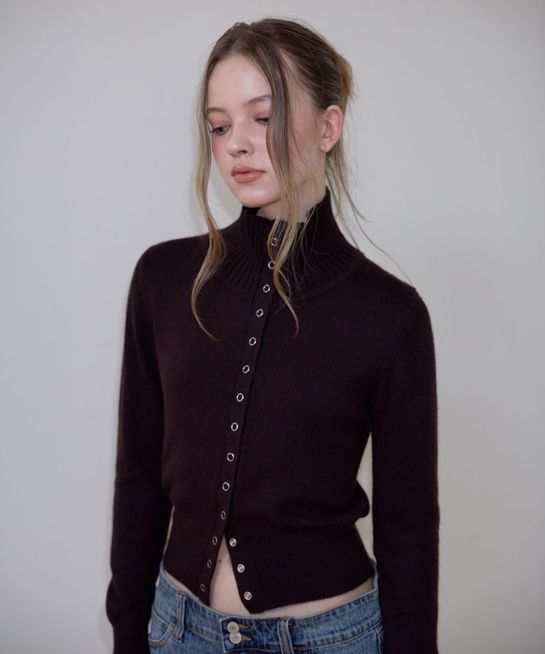High Neck Eyelet Wool Cardigan [Brown]