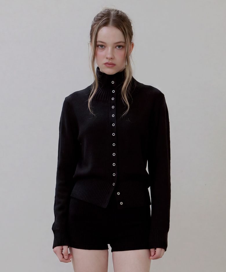 High Neck Eyelet Wool Cardigan [Black]