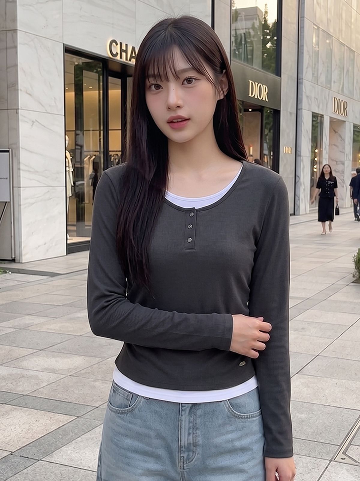 행텐(HANGTEN) 여성 웨일 헨리넥 레이어드 롱 티셔츠_057(10580-131-605-69)