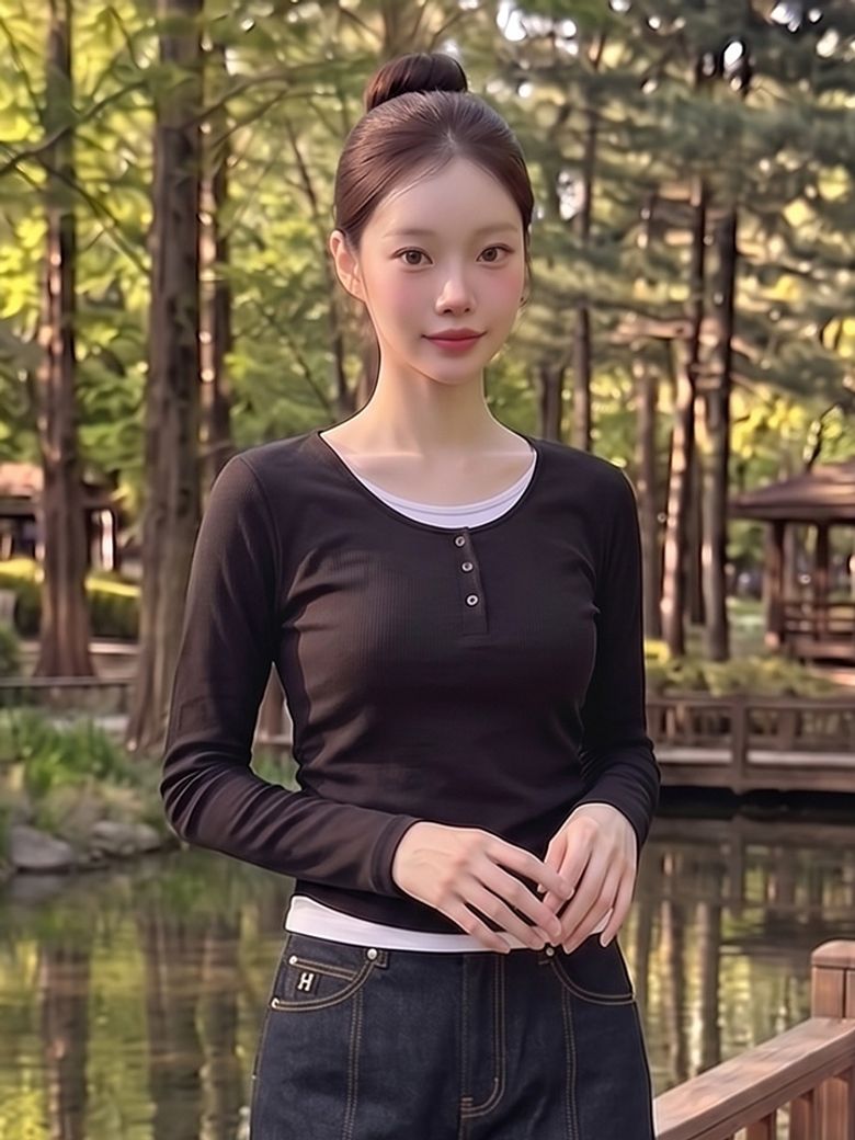 여성 웨일 헨리넥 레이어드 롱 티셔츠_100(10580-131-605-69)