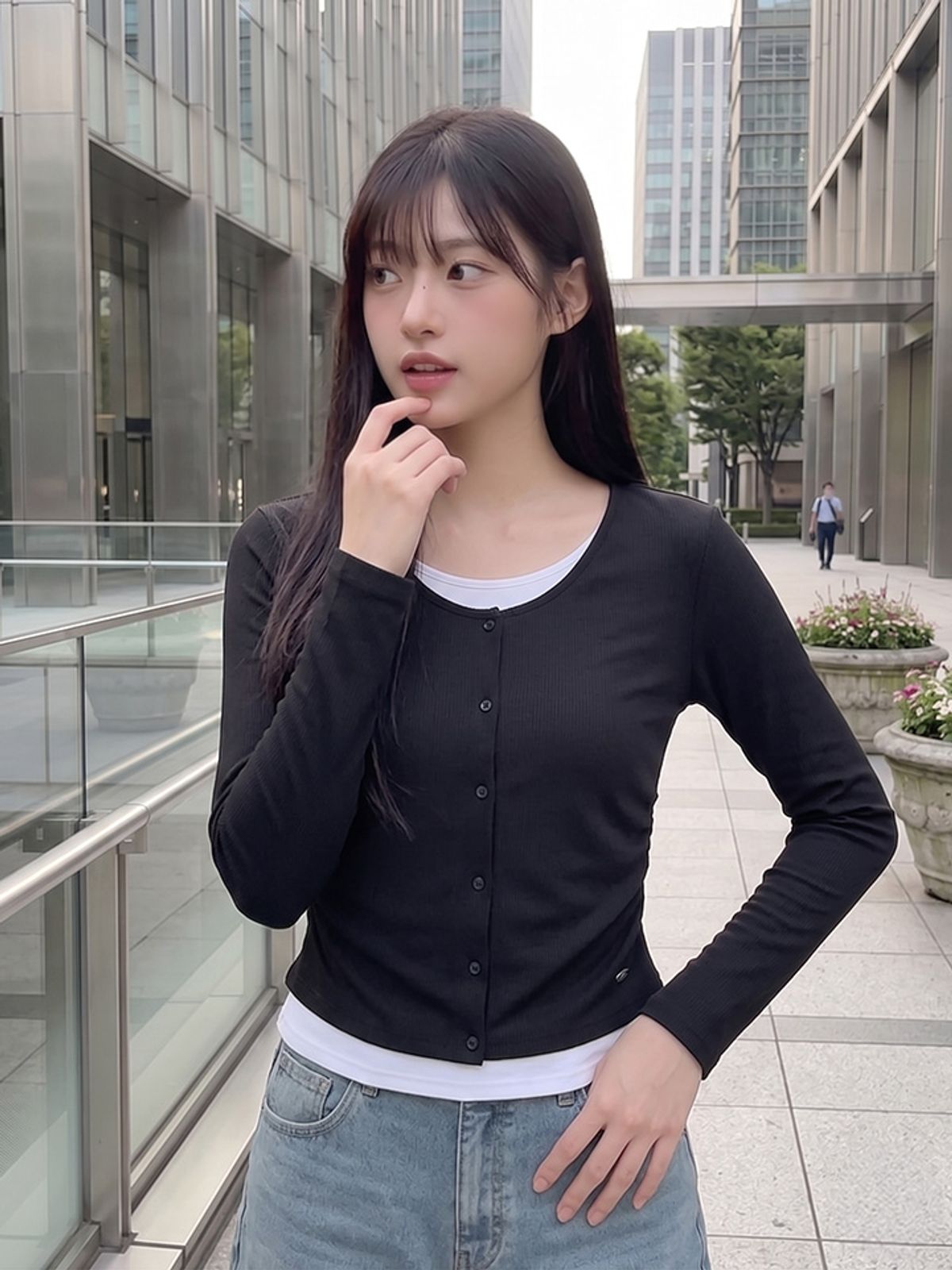행텐(HANGTEN) 여성 웨일 가디건 레이어드 셔링 롱 티셔츠_100(10580-131-606-69)