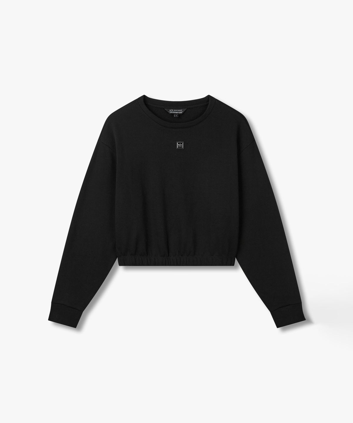아르마니 익스체인지(ARMANI EXCHANGE) 여성 로고 패치 밴딩 헴 티셔츠 _블랙_A425131500