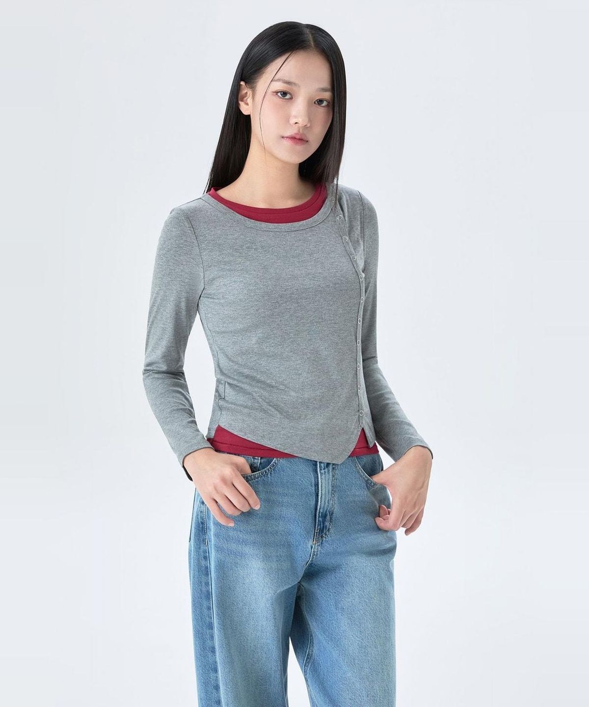 미쏘(MIXXO) 버튼 레이어드 긴팔 티셔츠_MIWLWG912A