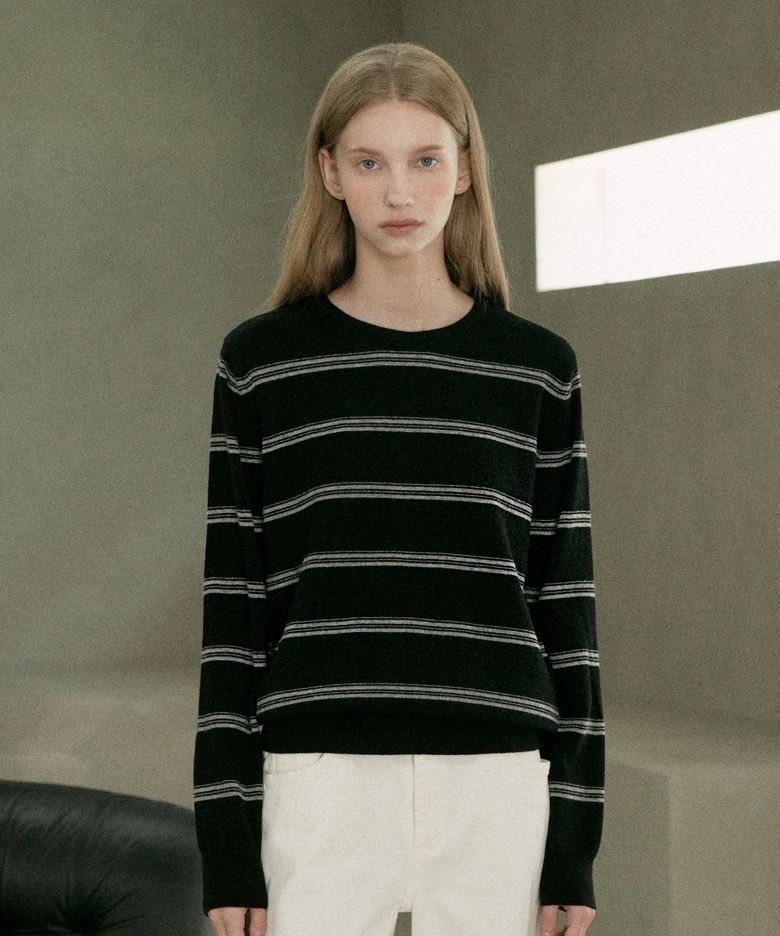 Merino Wool 100% Striped Round Knit (black)