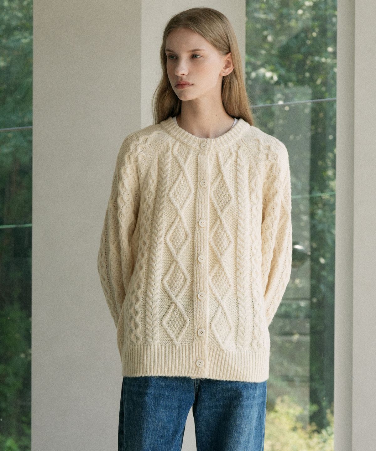 블레티(VLETI) Wool Fisherman Knit Cardigan (cream beige)