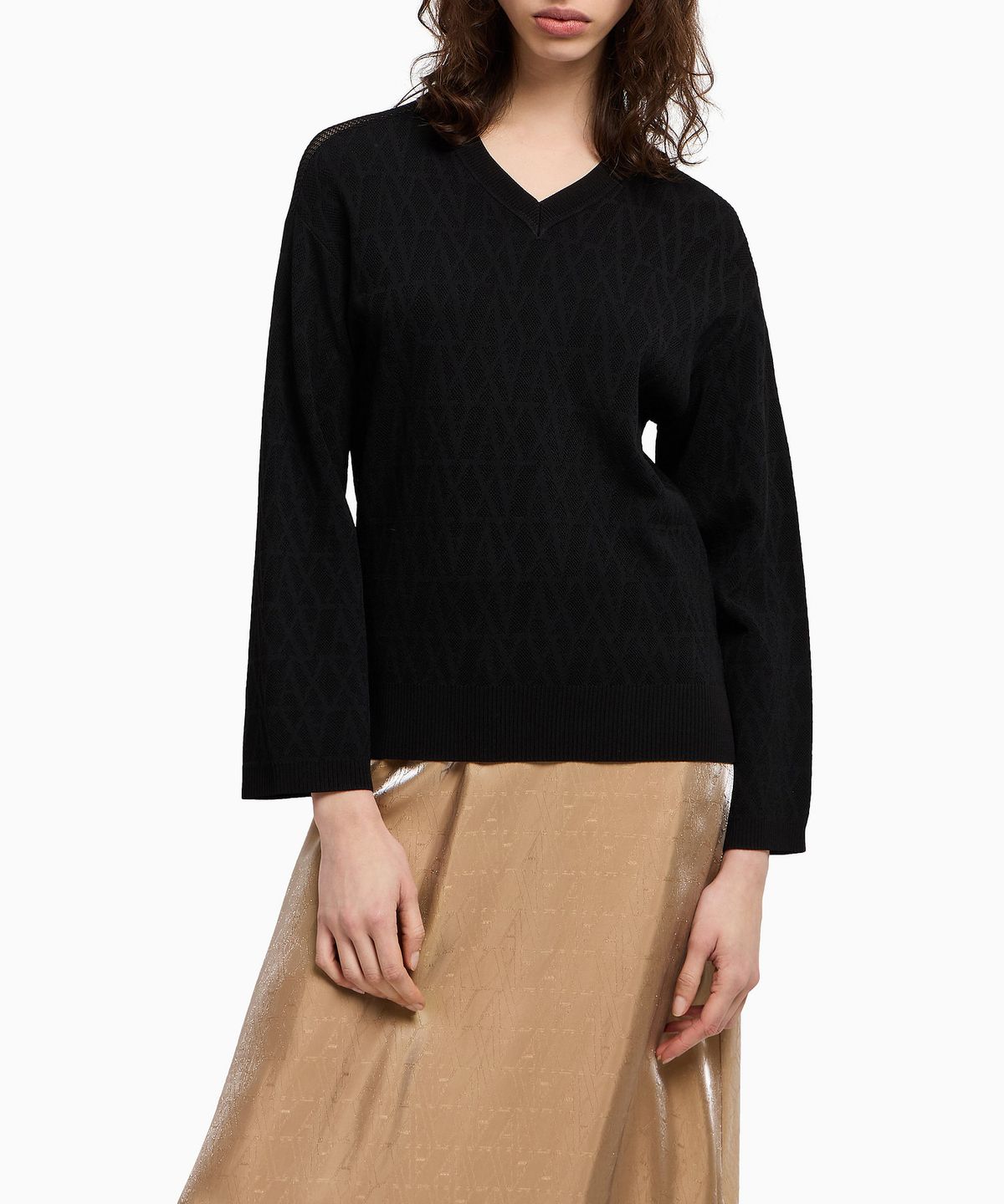 아르마니 익스체인지(ARMANI EXCHANGE) 여성 로고 패턴 메쉬 니트 풀오버 _블랙_A425132507