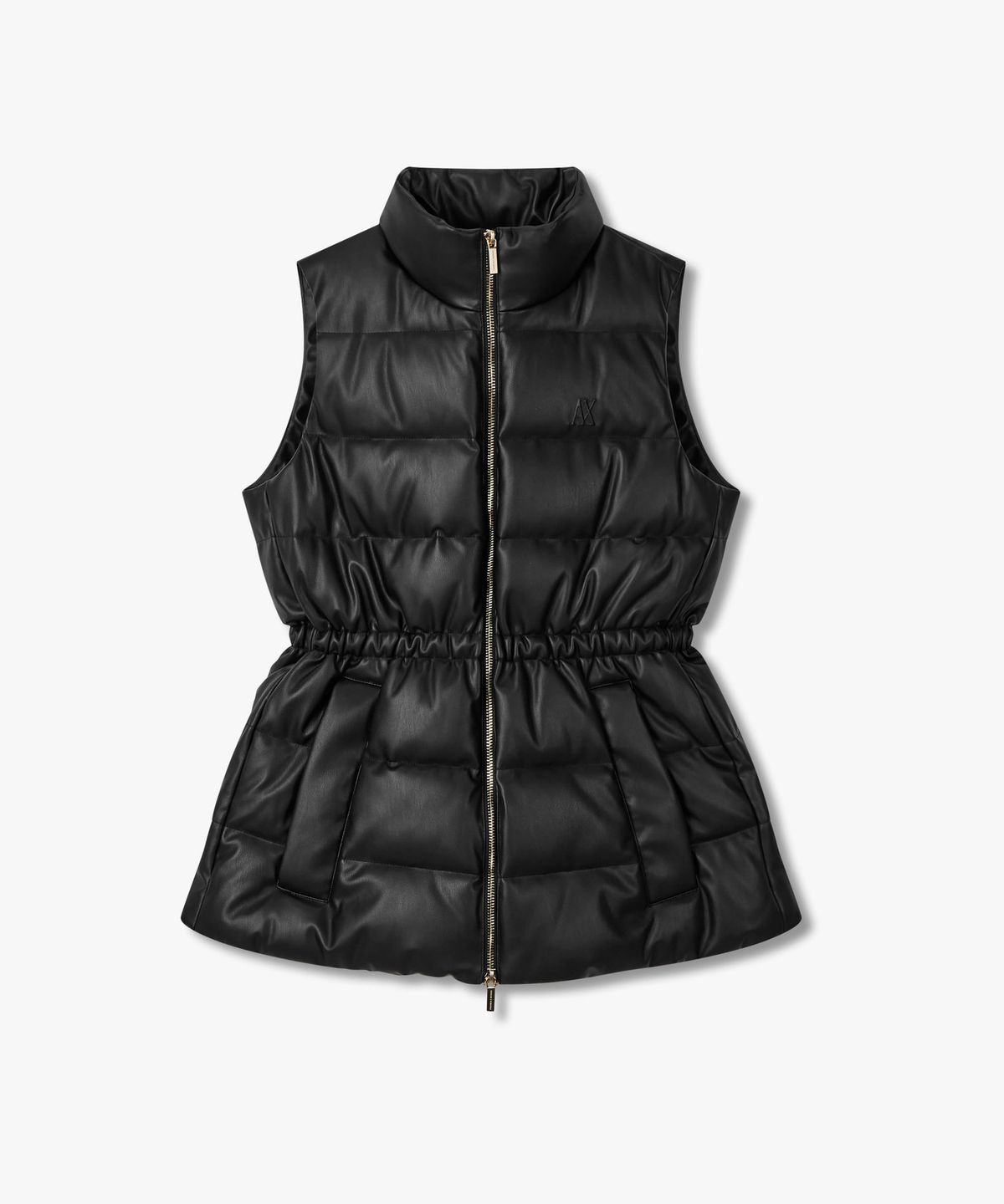 아르마니 익스체인지(ARMANI EXCHANGE) 여성 하이넥 페이크 레더 패딩 베스트 _블랙_A425310509
