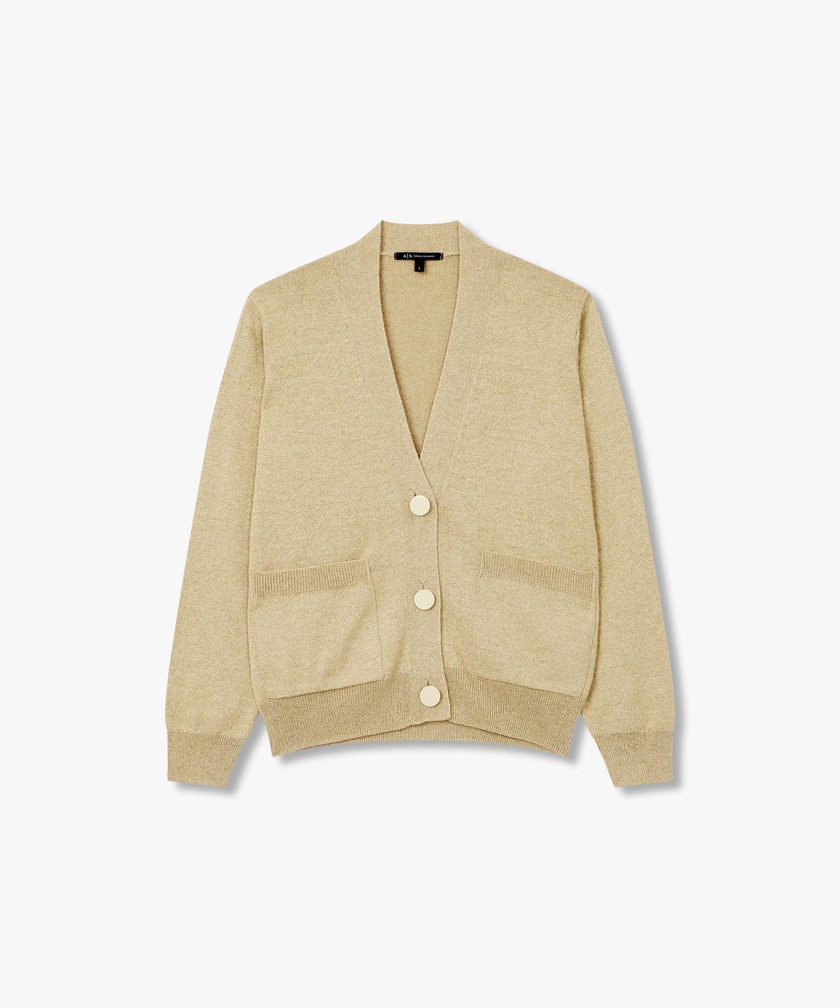 아르마니 익스체인지(ARMANI EXCHANGE) 여성 글리터 브이넥 로고 버튼 가디건 _베이지_A424332505