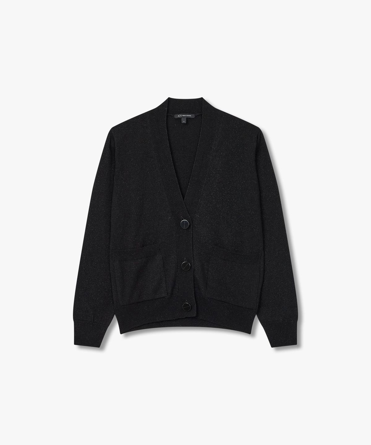 아르마니 익스체인지(ARMANI EXCHANGE) 여성 글리터 브이넥 로고 버튼 가디건 _블랙_A424332506