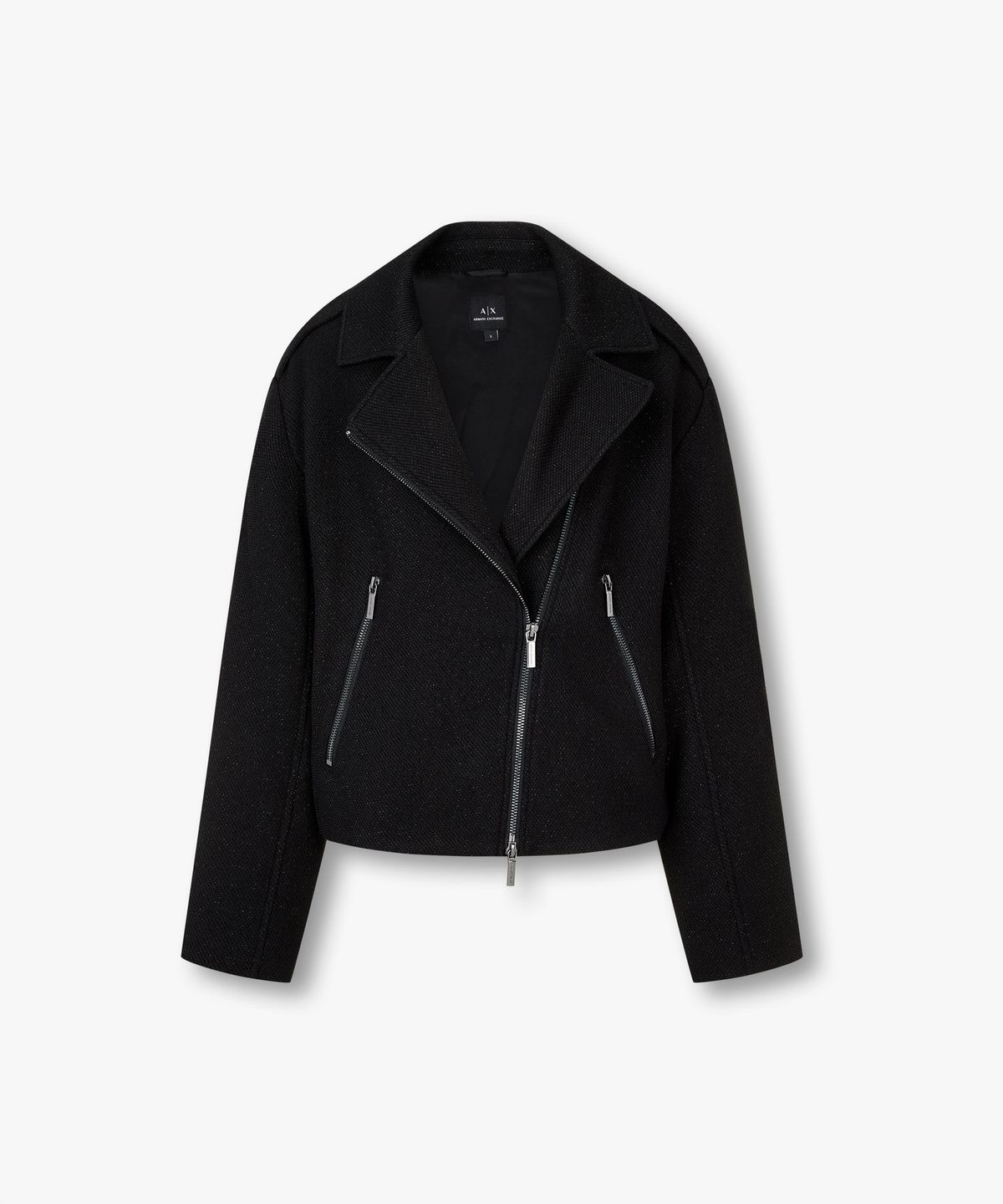 아르마니 익스체인지(ARMANI EXCHANGE) 여성 메탈릭 디테일 바이커 자켓 _블랙_A425310519