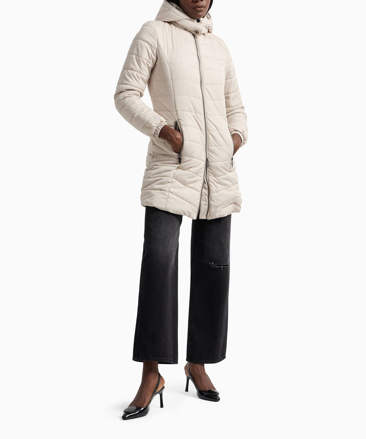 아르마니 익스체인지(ARMANI EXCHANGE) 여성 디태처블 후드 슬림 패딩 코트 _라이트베이지_A424310521