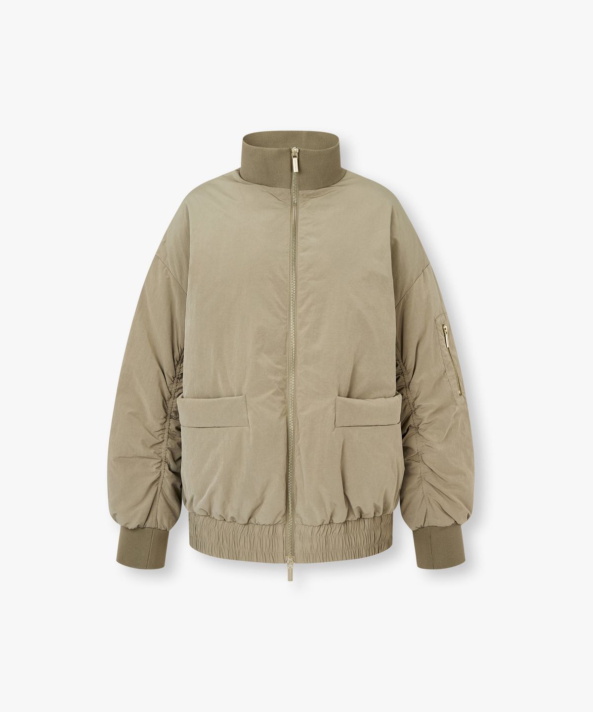 아르마니 익스체인지(ARMANI EXCHANGE) 여성 셔링 슬리브 하이넥 패딩 자켓 _카키 베이지_A425310505