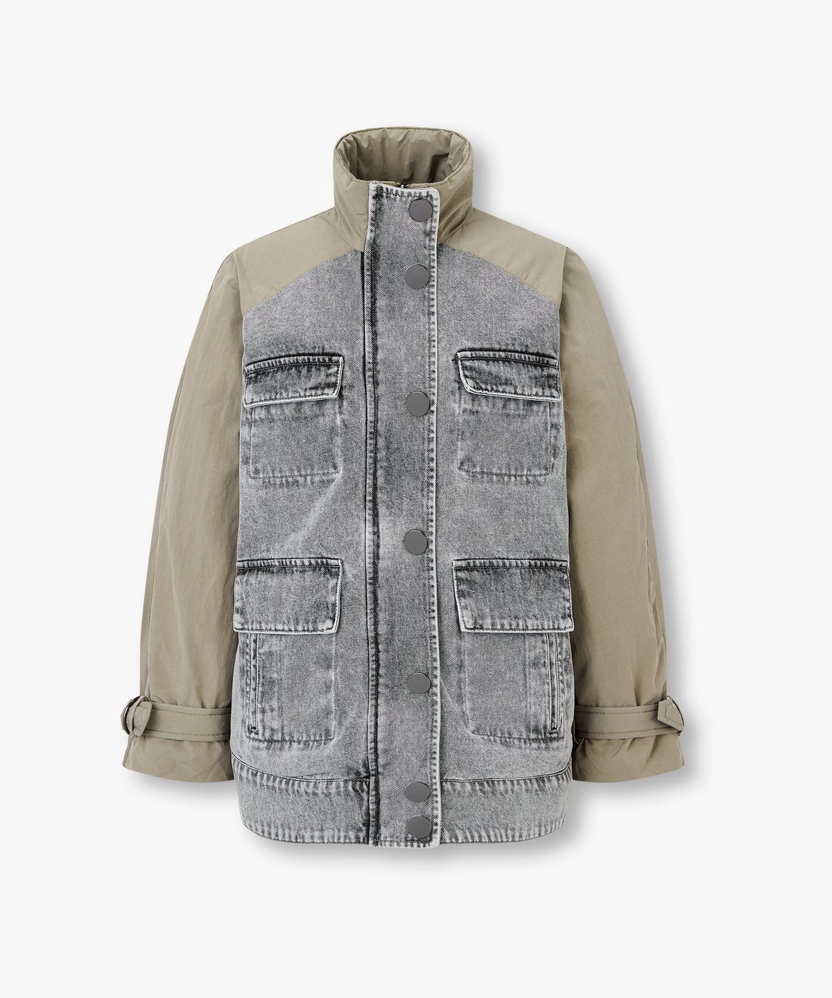 아르마니 익스체인지(ARMANI EXCHANGE) 여성 데님 패치 하이넥 패딩 자켓 _그레이_A425310520