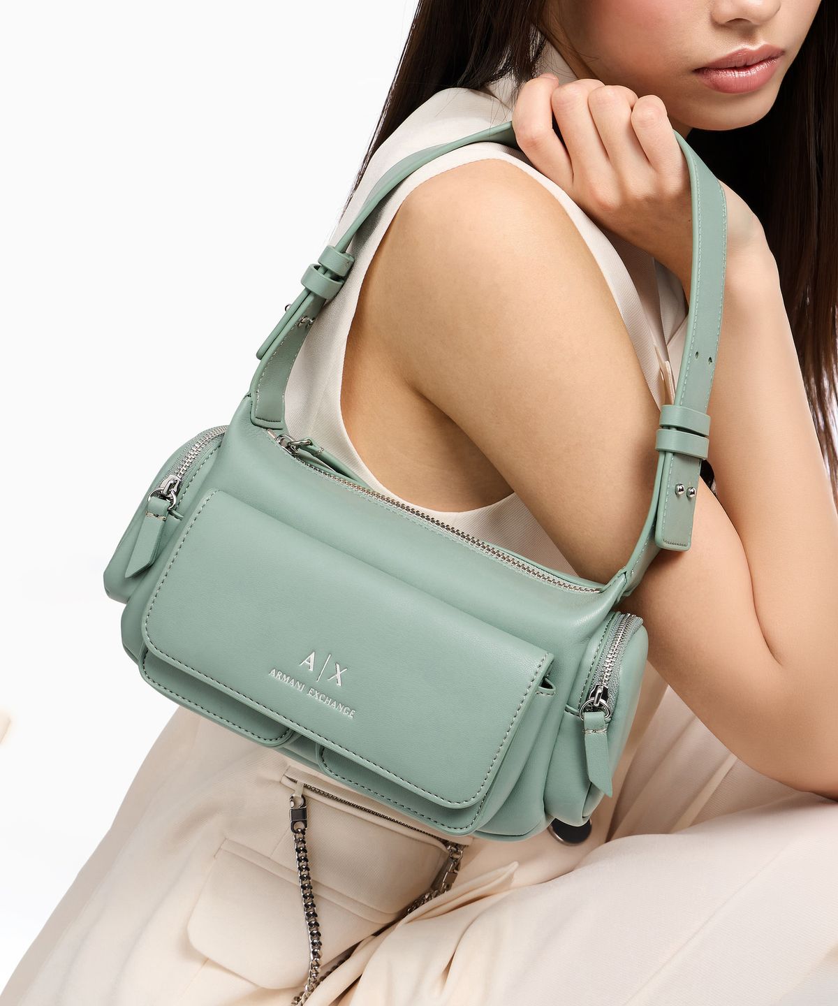 아르마니 익스체인지(ARMANI EXCHANGE) 여성 멀티 포켓 소프트 스몰 숄더백 _그린_A425170511