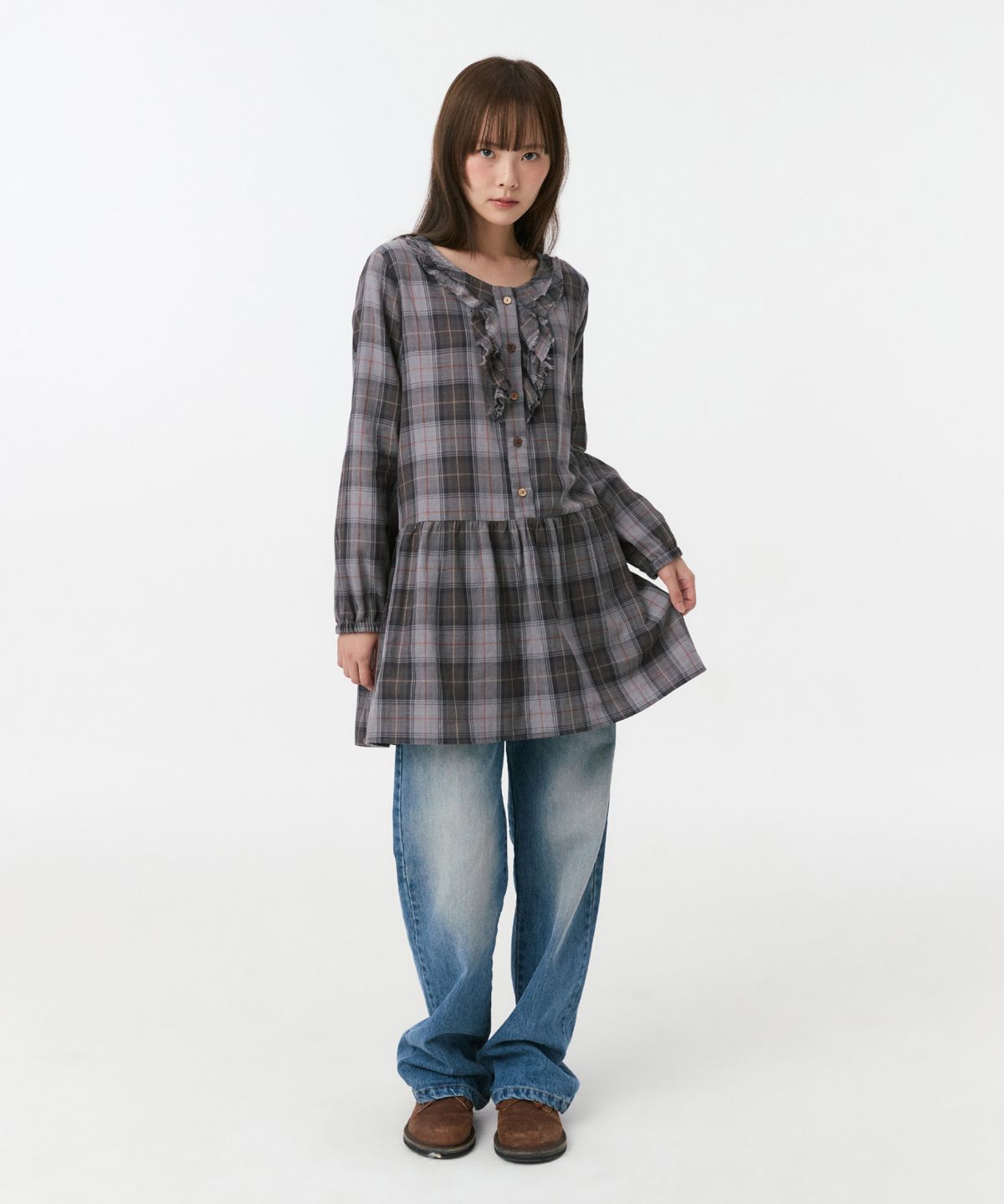 오헤시오(OHESHIO) VINTAGE RUFFLE DRESS, GRAY CHECK