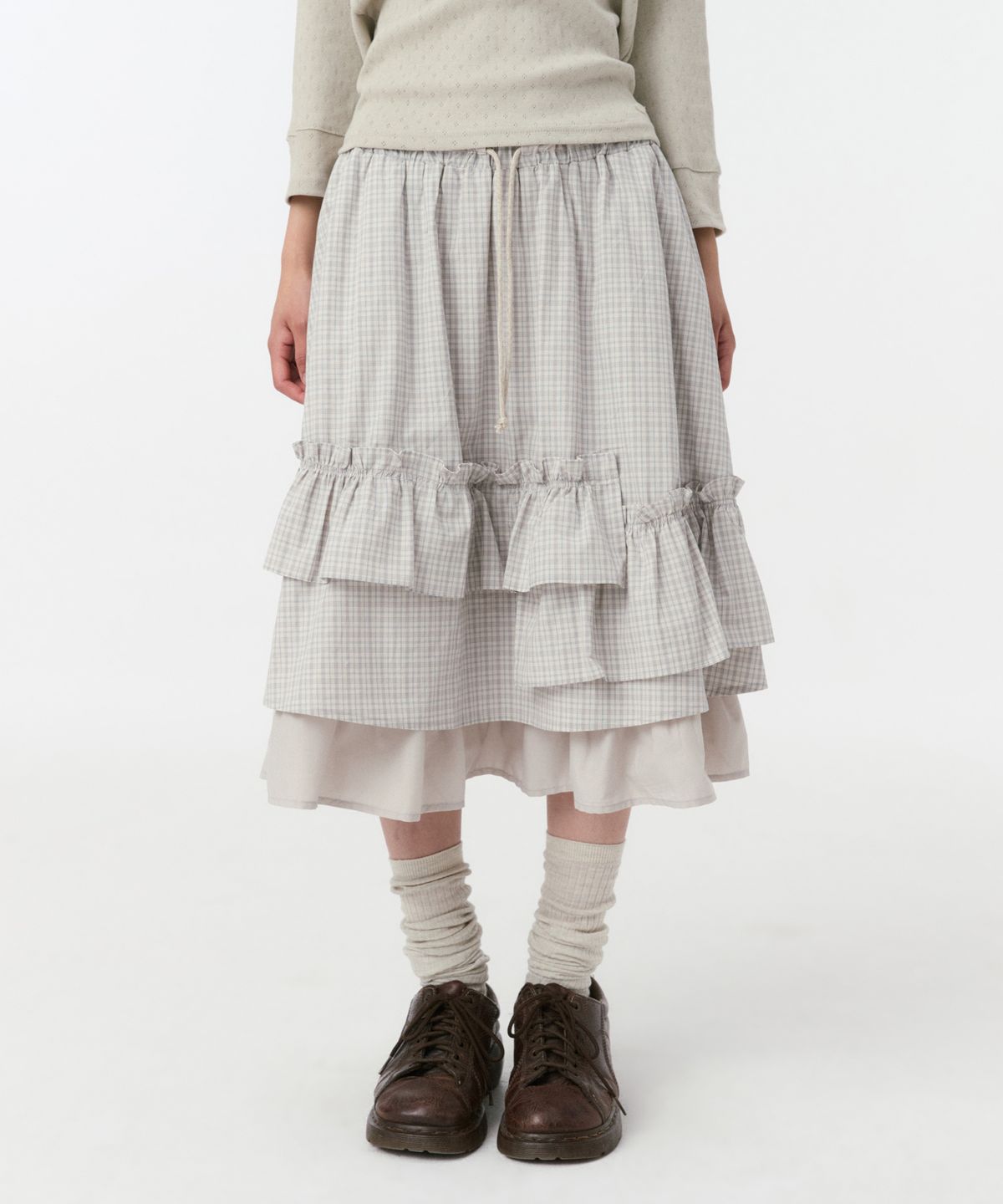오헤시오(OHESHIO) CHECK FRILL MIDI SKIRT, LIGHT BEIGE