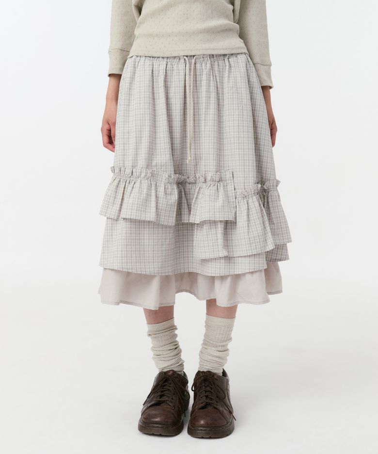 CHECK FRILL MIDI SKIRT, LIGHT BEIGE