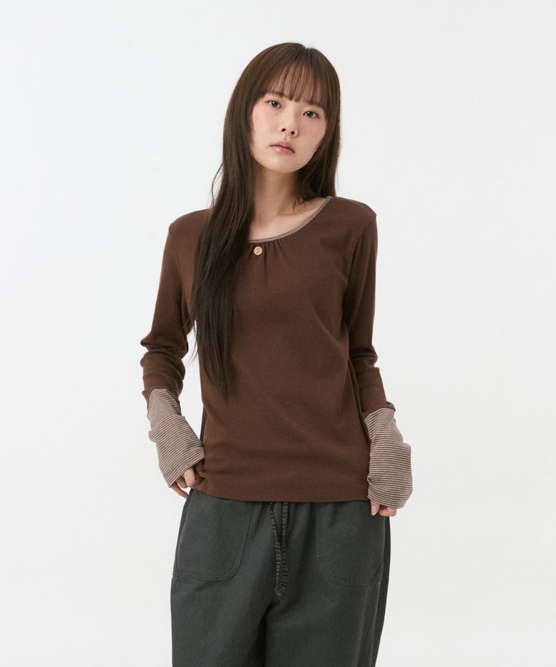SHIRRING COLOR BLOCK LONG SLEEVE, BROWN