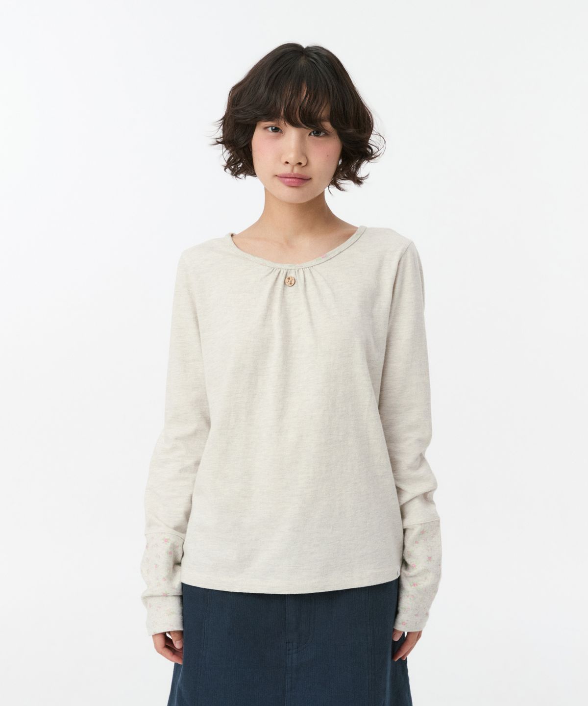 오헤시오(OHESHIO) SHIRRING COLOR BLOCK LONG SLEEVE, FLORAL OATMEAL