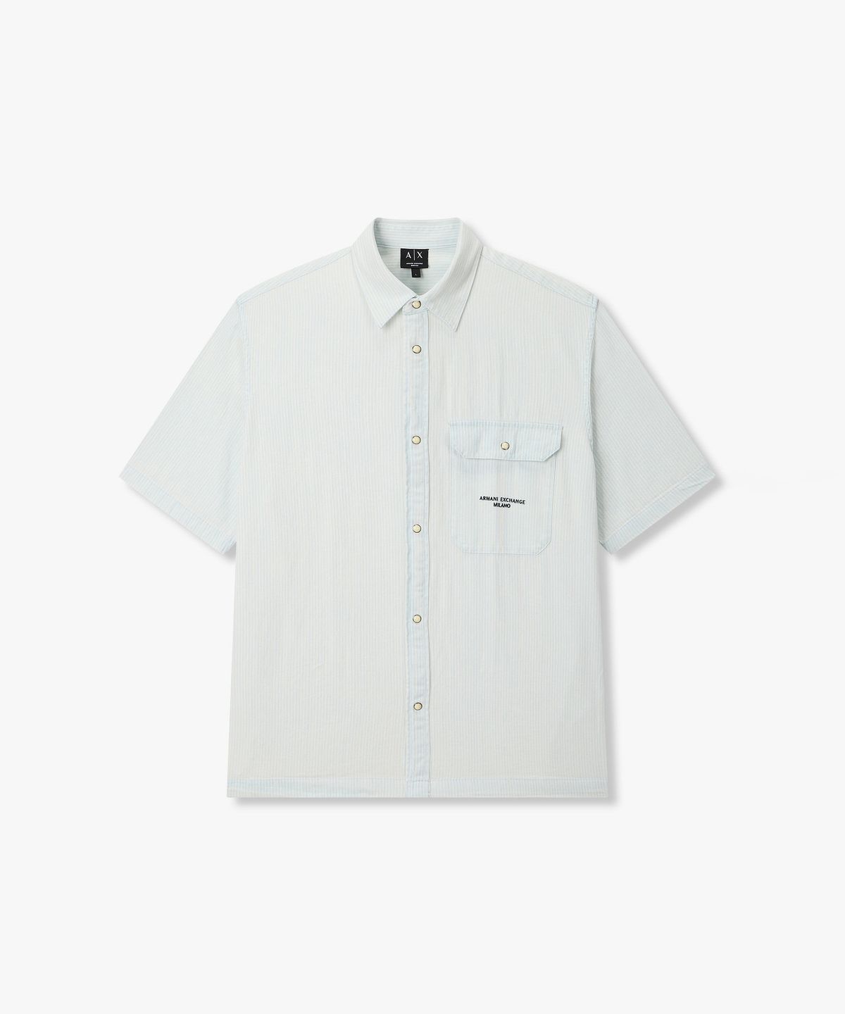 아르마니 익스체인지(ARMANI EXCHANGE) 남성 스트라이프 포켓 숏 슬리브 셔츠 _라이트 블루_A416120003