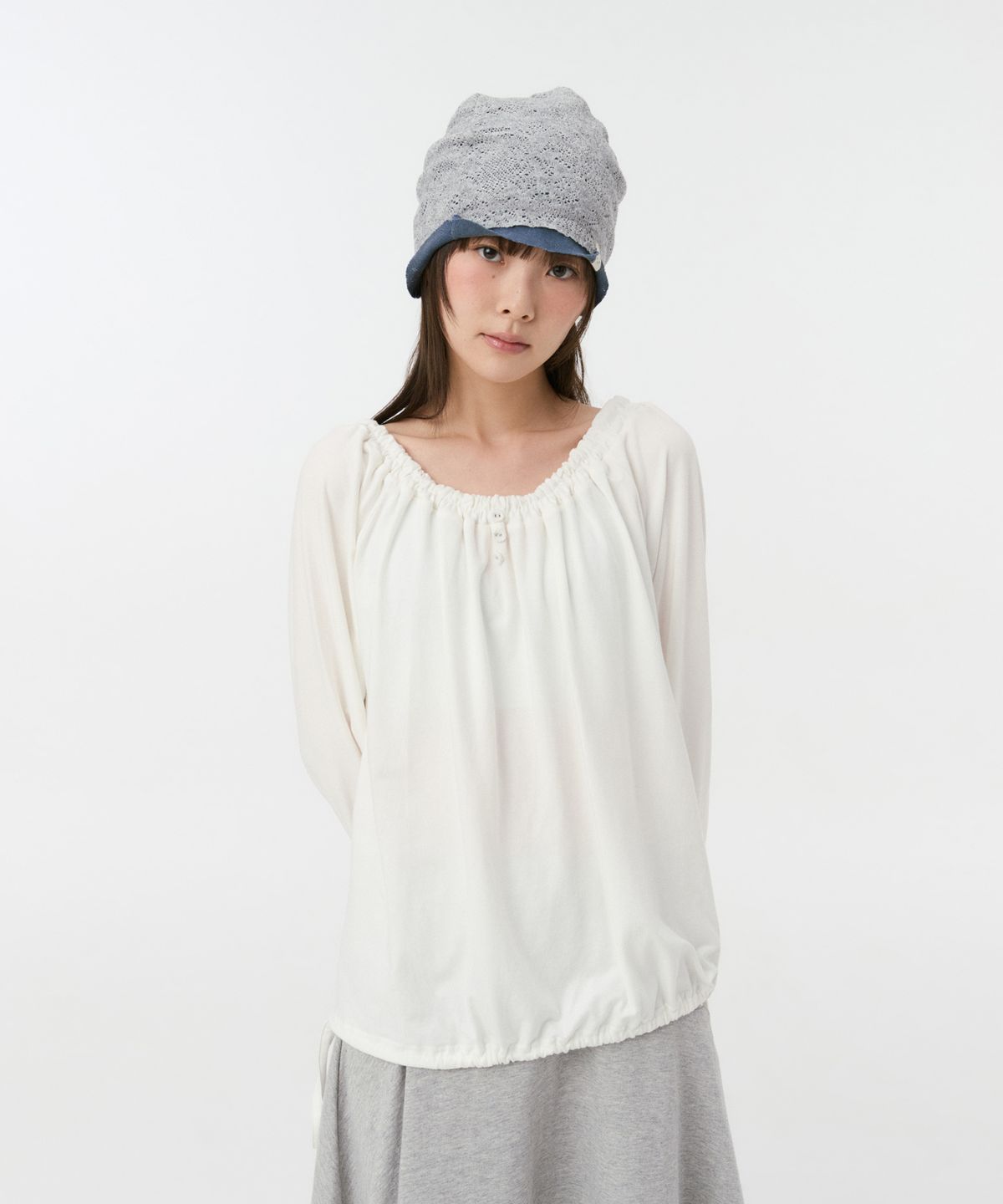 오헤시오(OHESHIO) STRING BOAT NECK JERSEY BLOUSE, WHITE