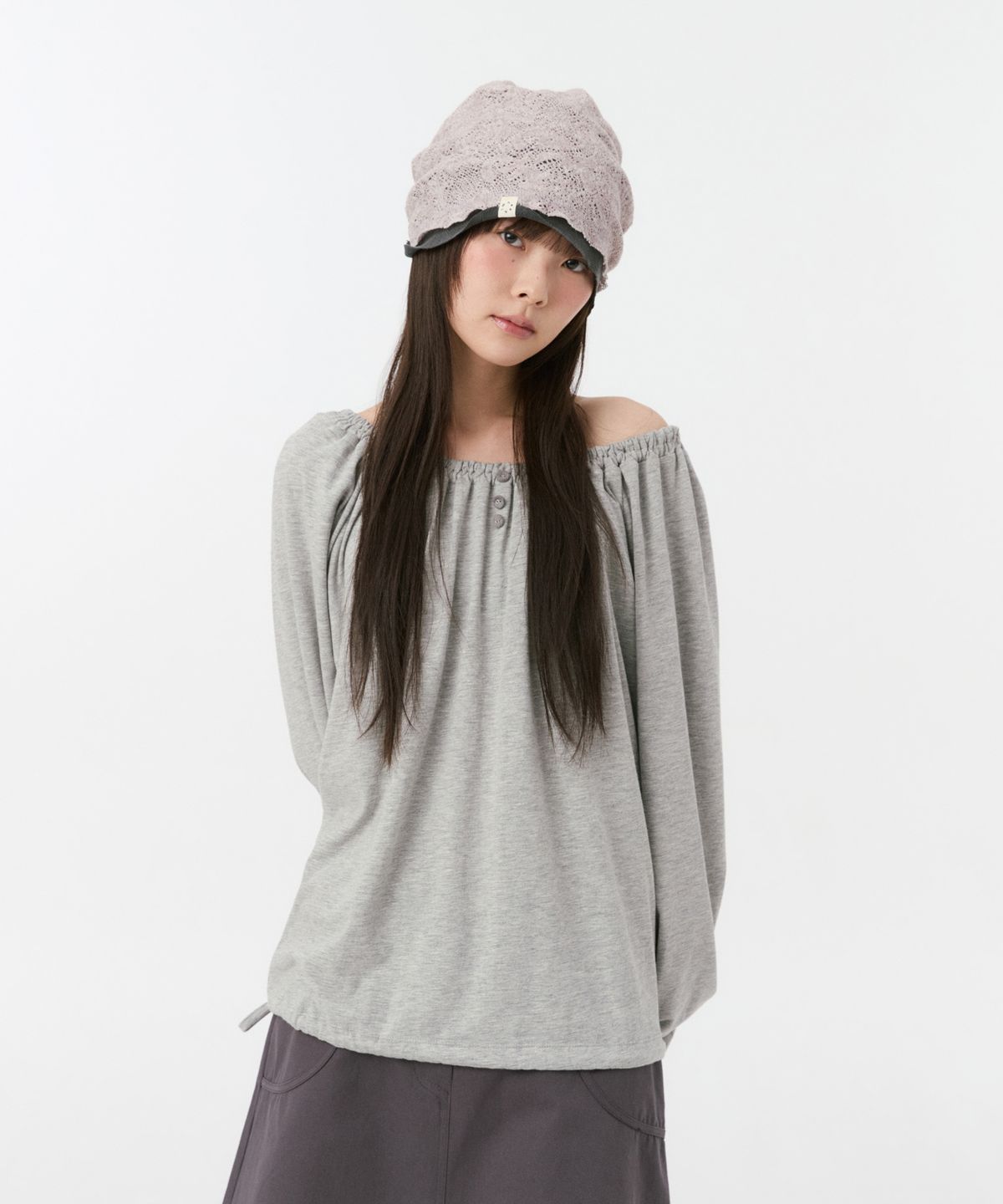 오헤시오(OHESHIO) STRING BOAT NECK JERSEY BLOUSE, GRAY