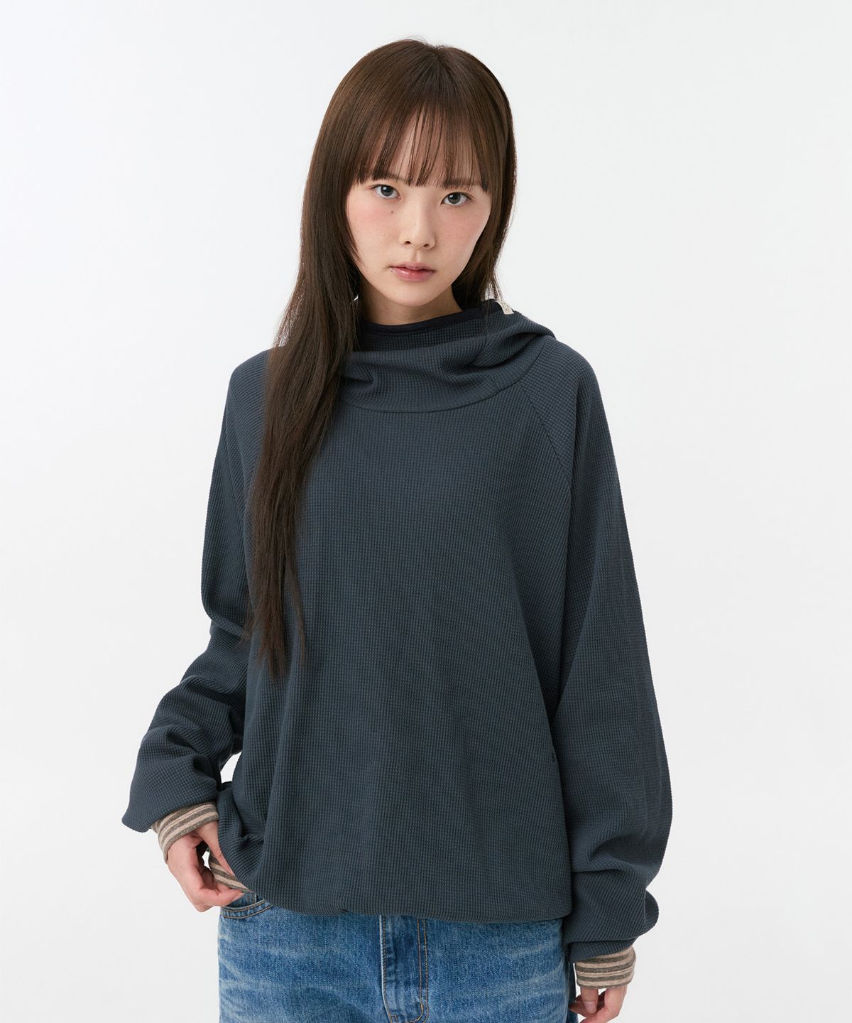 오헤시오(OHESHIO) WAFFLE HOODED SWEATSHIRT, NAVY