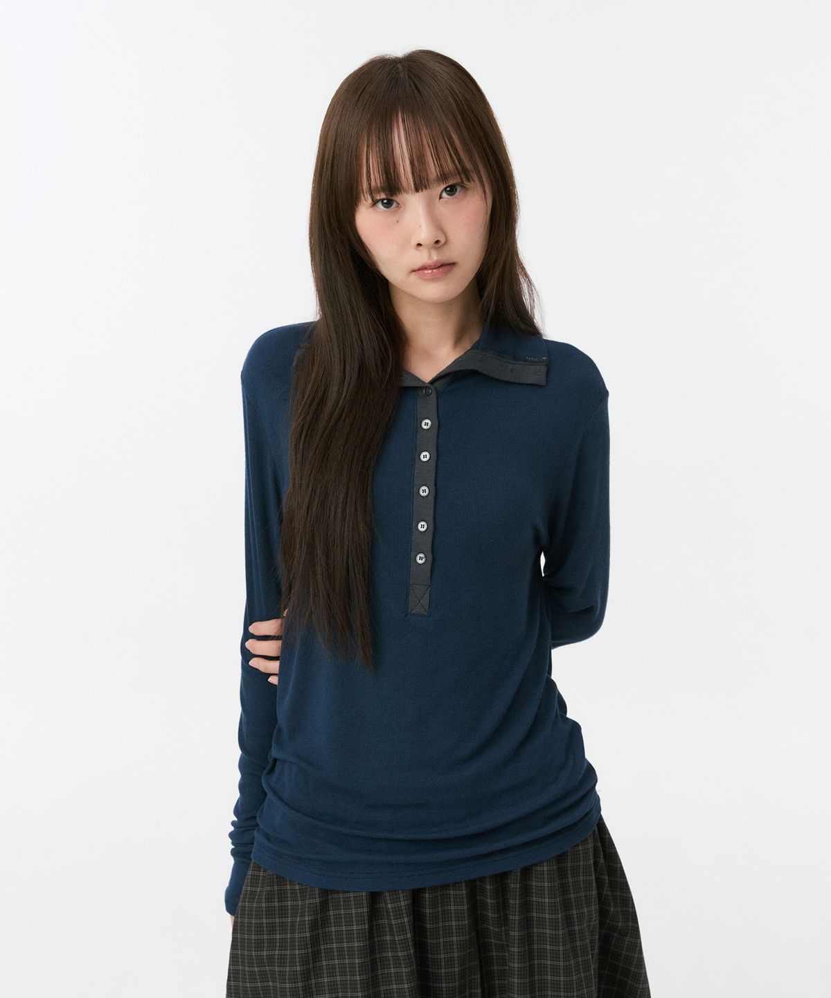 오헤시오(OHESHIO) BUTTON SLIM LONG SLEEVE, NAVY