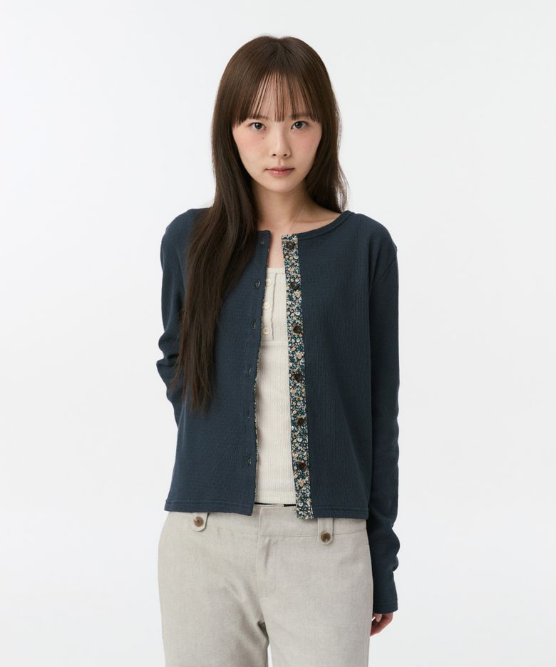 FLORAL COLOR BLOCK JERSEY CARDIGAN, NAVY