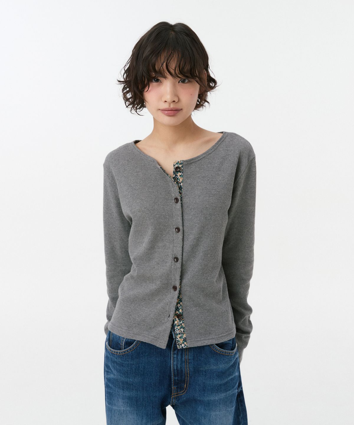 오헤시오(OHESHIO) FLORAL COLOR BLOCK JERSEY CARDIGAN, GRAY