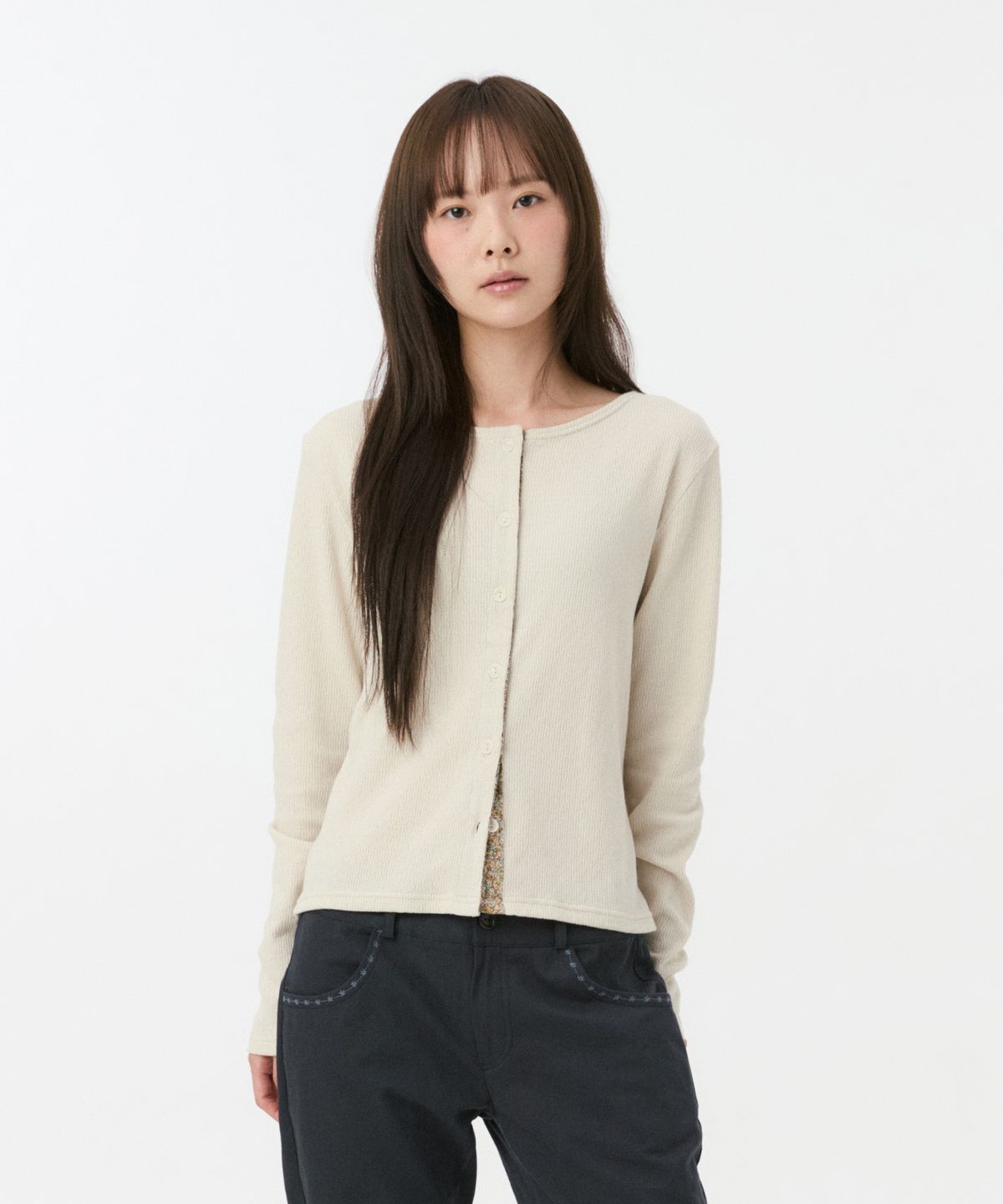 오헤시오(OHESHIO) FLORAL COLOR BLOCK JERSEY CARDIGAN, BEIGE