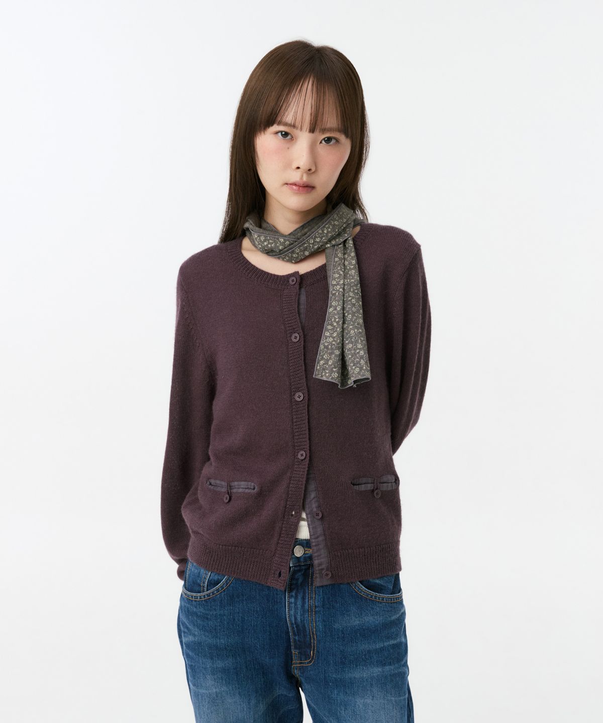 오헤시오(OHESHIO) COLOR BLOCK POCKET KNIT CARDIGAN, PURPLE
