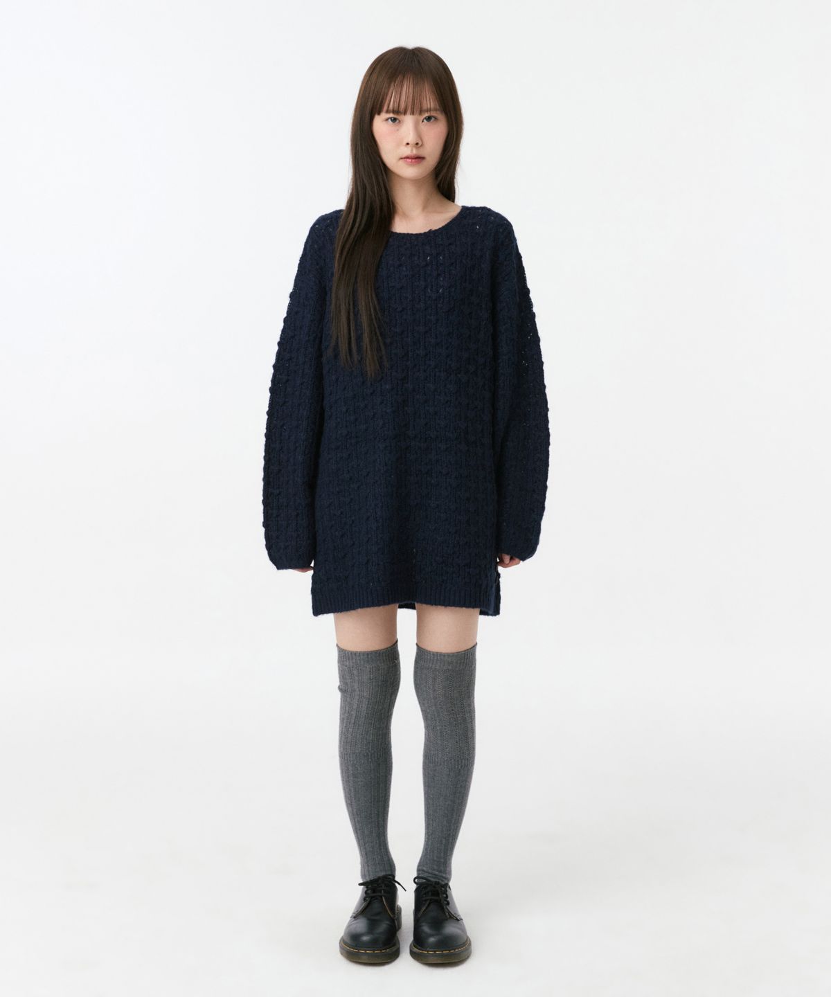 오헤시오(OHESHIO) NUBBY TEXTURED HALF KNIT, NAVY