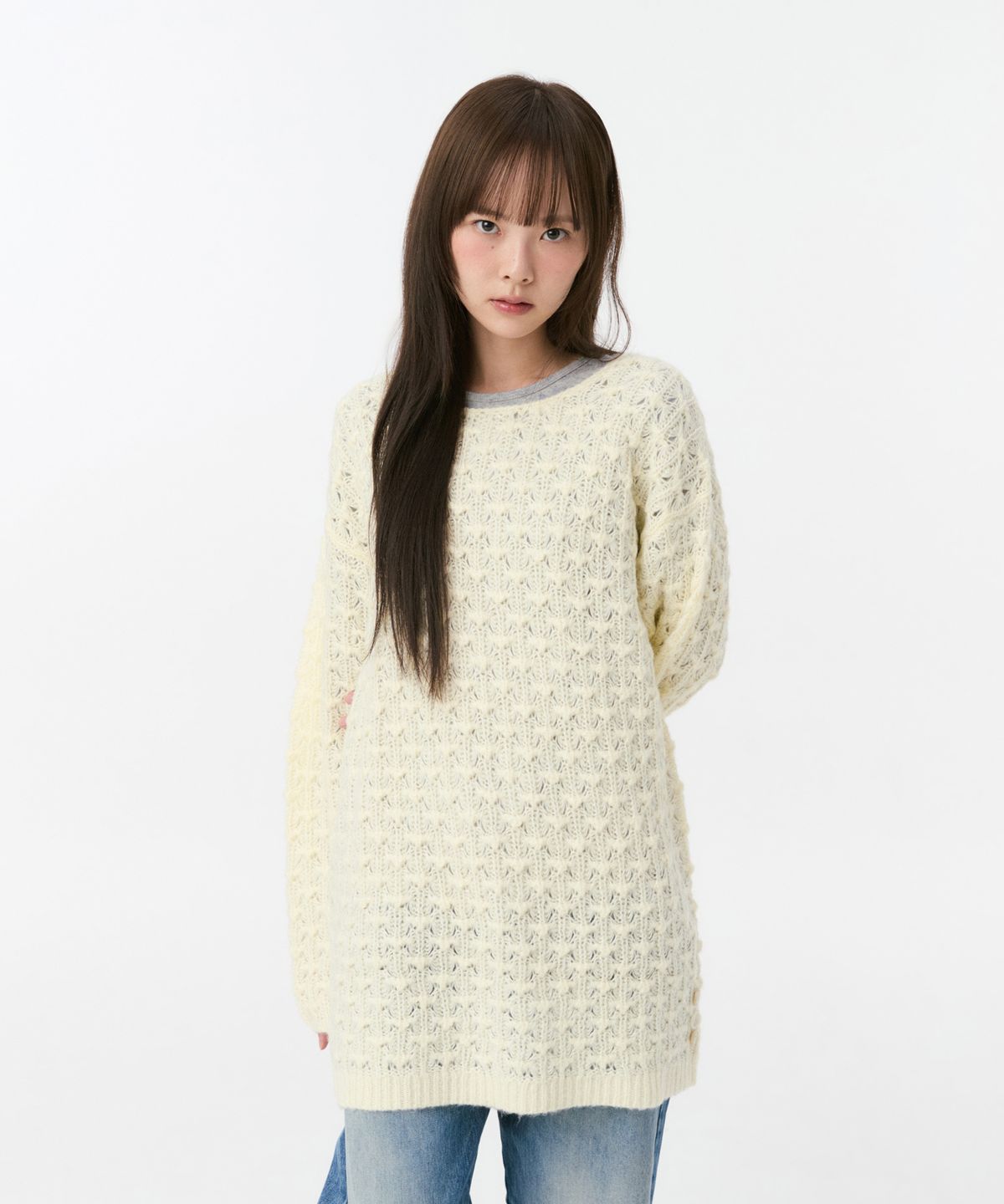 오헤시오(OHESHIO) NUBBY TEXTURED HALF KNIT, CREAM
