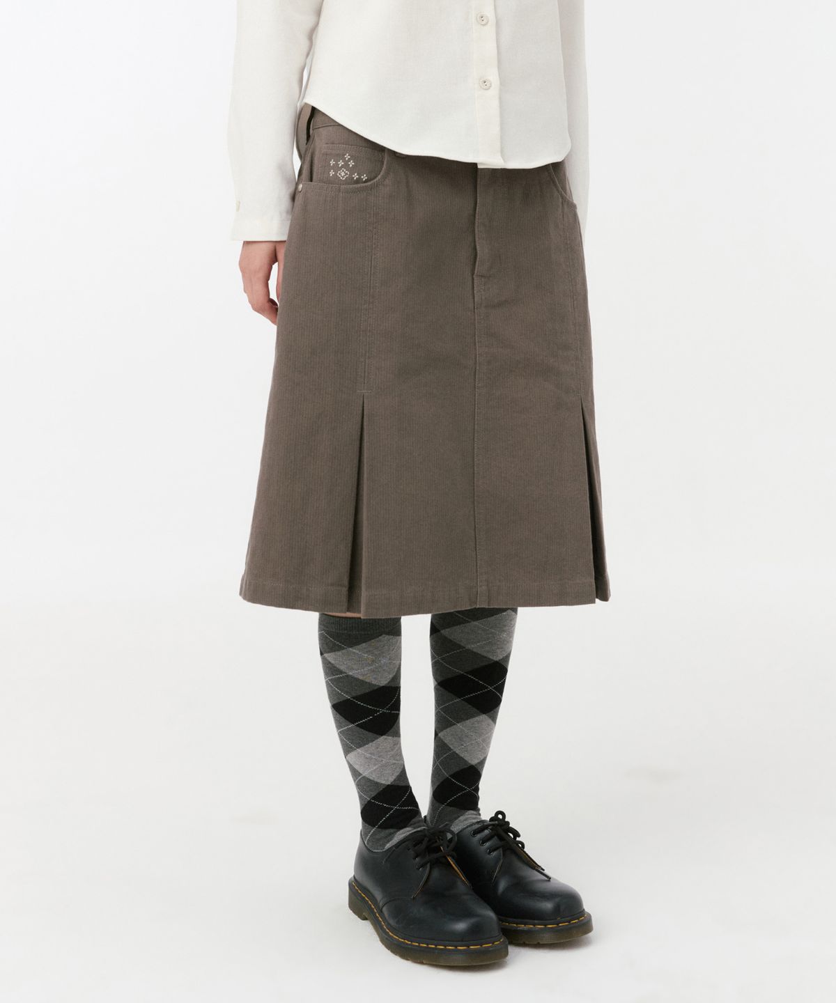 오헤시오(OHESHIO) FLORAL LINE PLEATED MIDI SKIRT, KHAKI