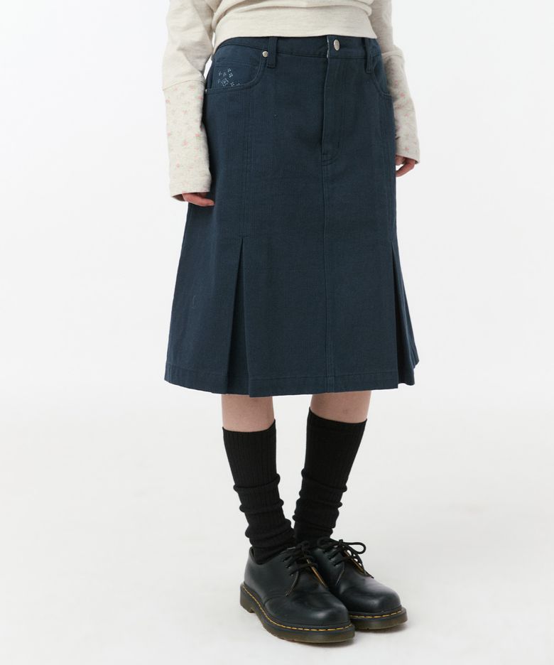 FLORAL LINE PLEATED MIDI SKIRT, NAVY