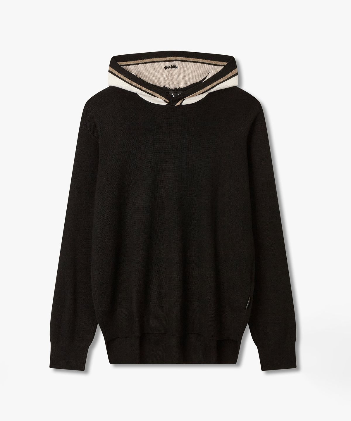 아르마니 익스체인지(ARMANI EXCHANGE) 남성 울 블렌드 배색 후디드 니트 _블랙_A416132006