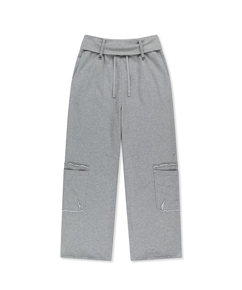 MIXED WAFFLE FOLDOVER WAIST JERSEY PANTS IN GREY