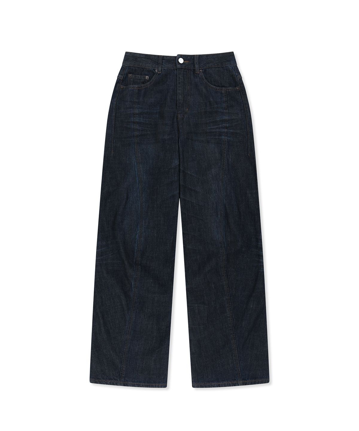 마뗑킴(MATIN KIM) TWISTED VOLUME COATED DENIM PANTS IN DARK NAVY