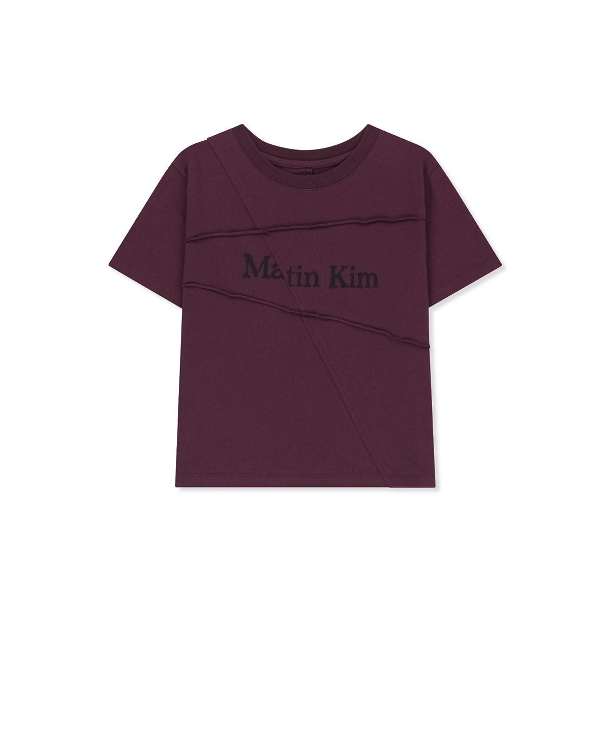 마뗑킴(MATIN KIM) DIAGONAL CUT LOGO CROP TOP IN PURPLE
