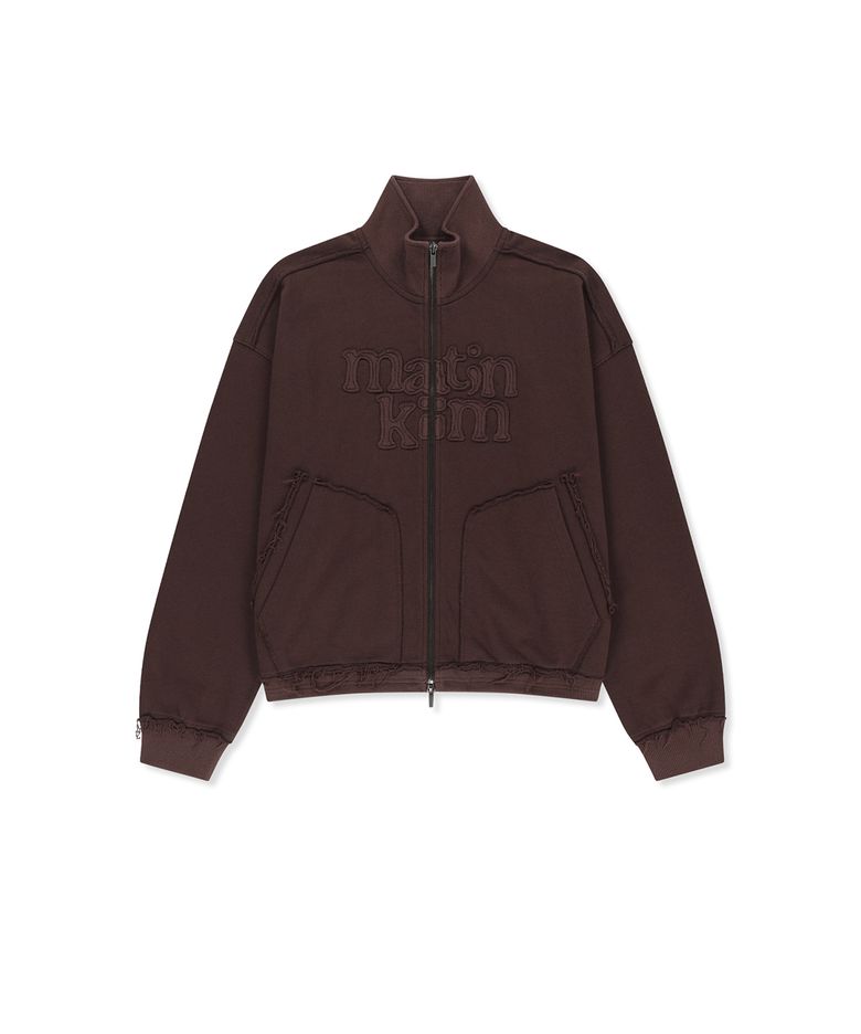 MIXED WAFFLE APPLIQUE LOGO ZIP UP IN BROWN