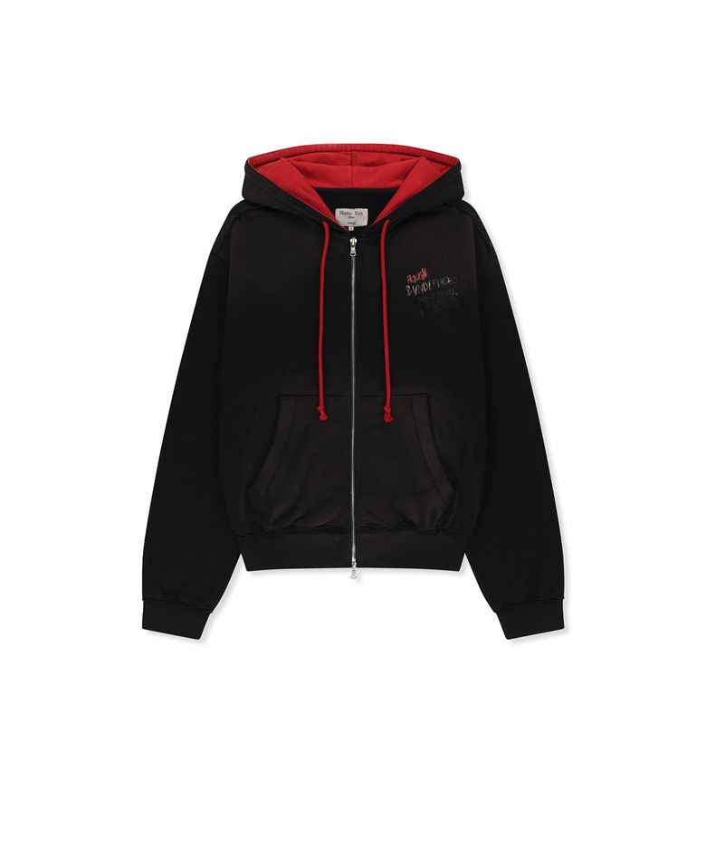 VINTAGE WASHED COLOR CONTRAST HOODY ZIP UP IN BLACK