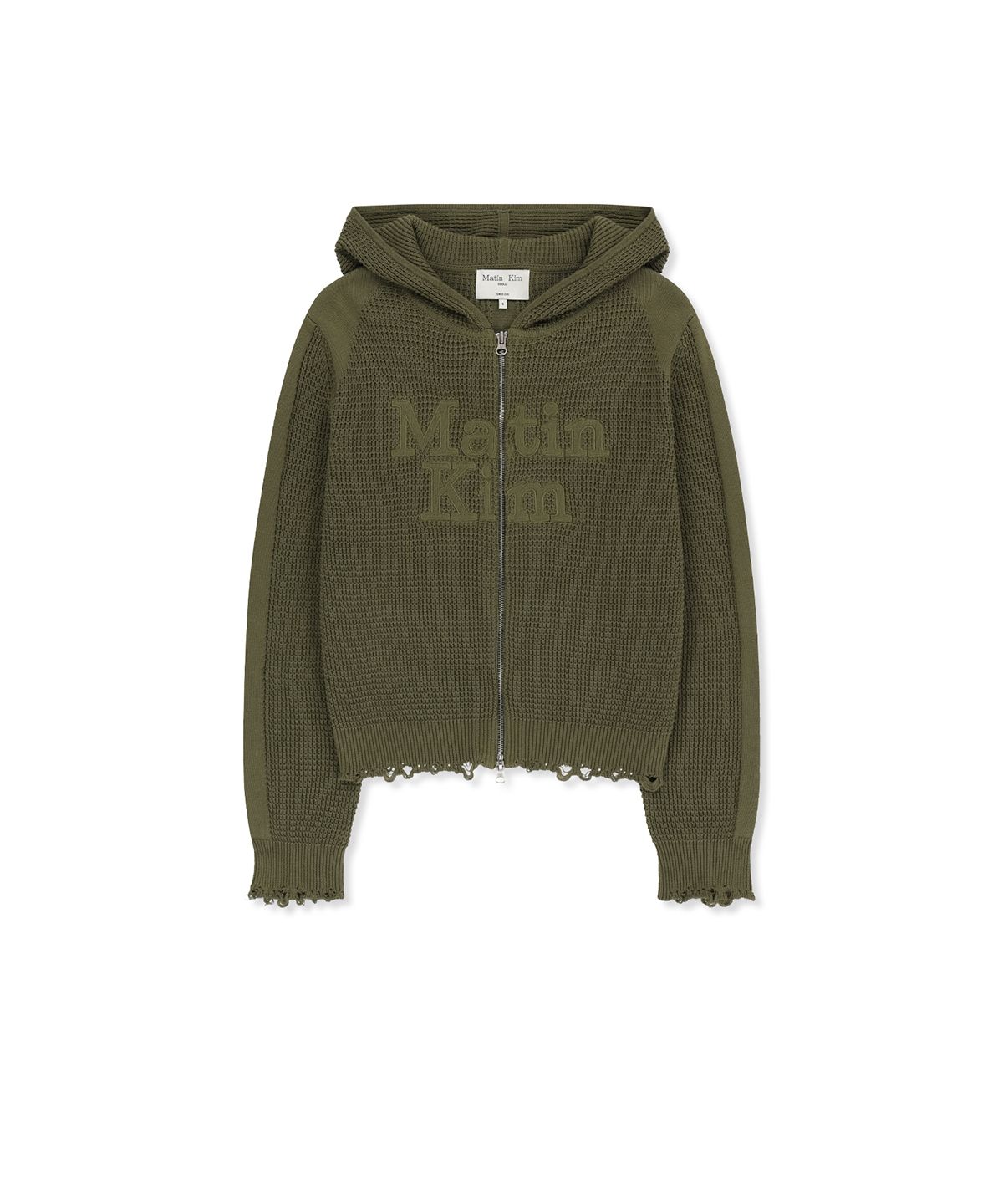 마뗑킴(MATIN KIM) WAFFLE TEXTURE HOODY KNIT ZIP UP IN KHAKI