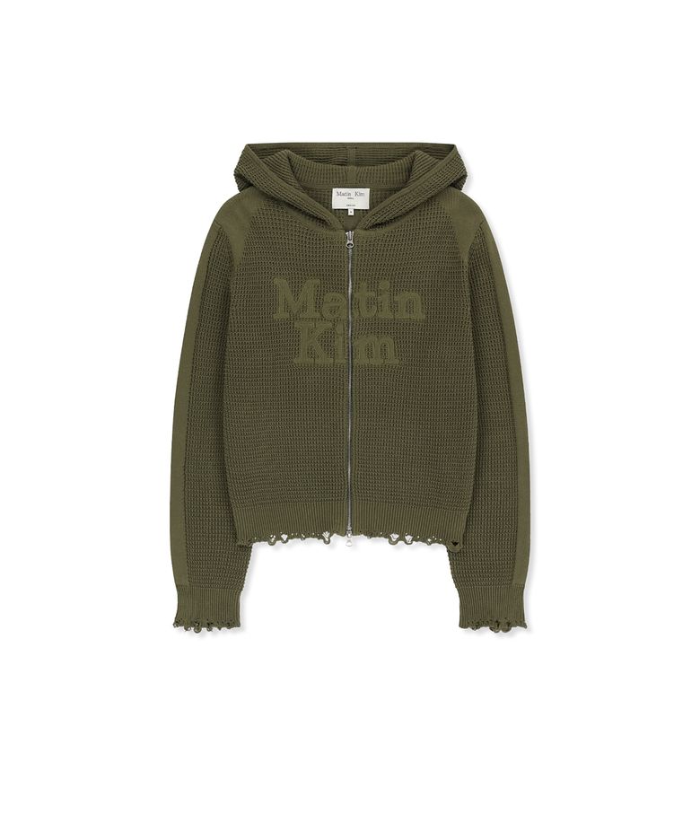 WAFFLE TEXTURE HOODY KNIT ZIP UP IN KHAKI
