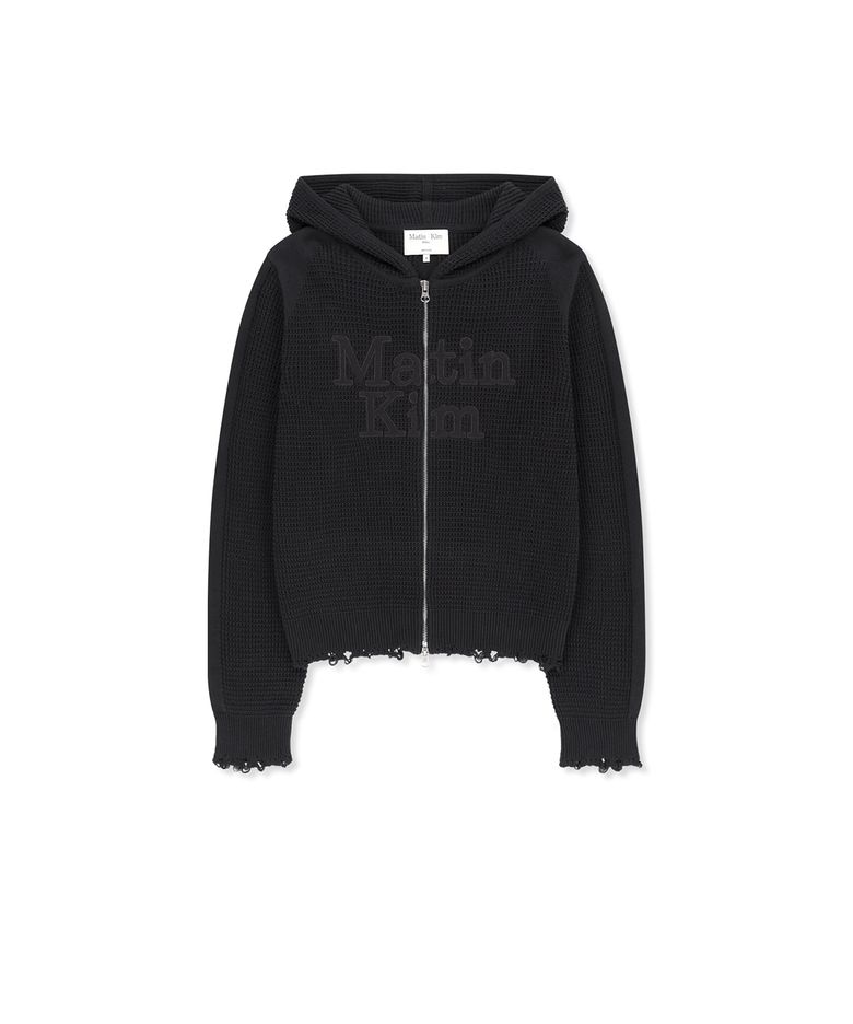 WAFFLE TEXTURE HOODY KNIT ZIP UP IN CHARCOAL