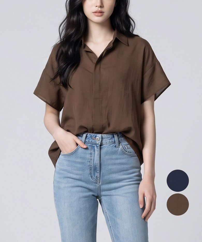 여름 린넨혼방 오픈카라 여성 반팔 블라우스 DQMLSH52